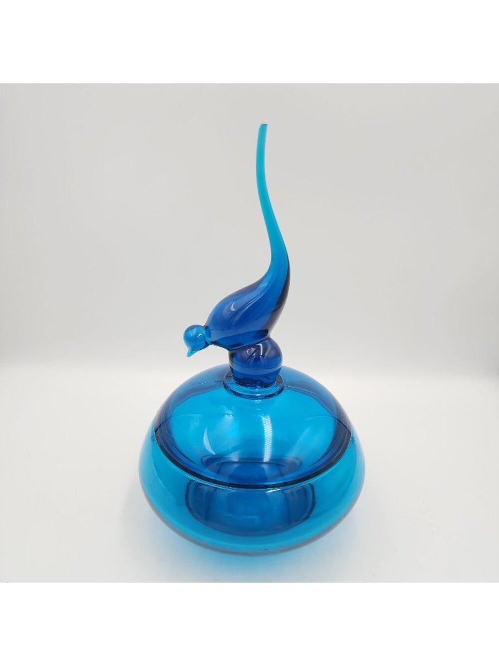 Vintage Viking Glass Blue 4 Inch Long Tail Bird Candy Dish w/ Lid